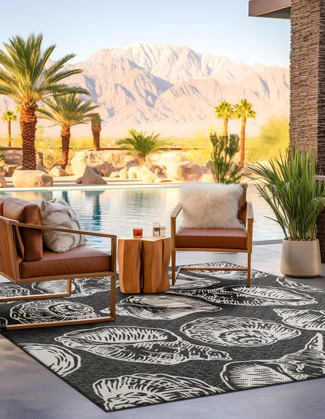 Black and White 10' x 10' Outdoor Coastal Square Area Rug Weather Resistant for Patio, Deck, Terrace, Balcony, Porch 100% Polypropylene Coastal Decor Carpet for Sale at Rug Engine