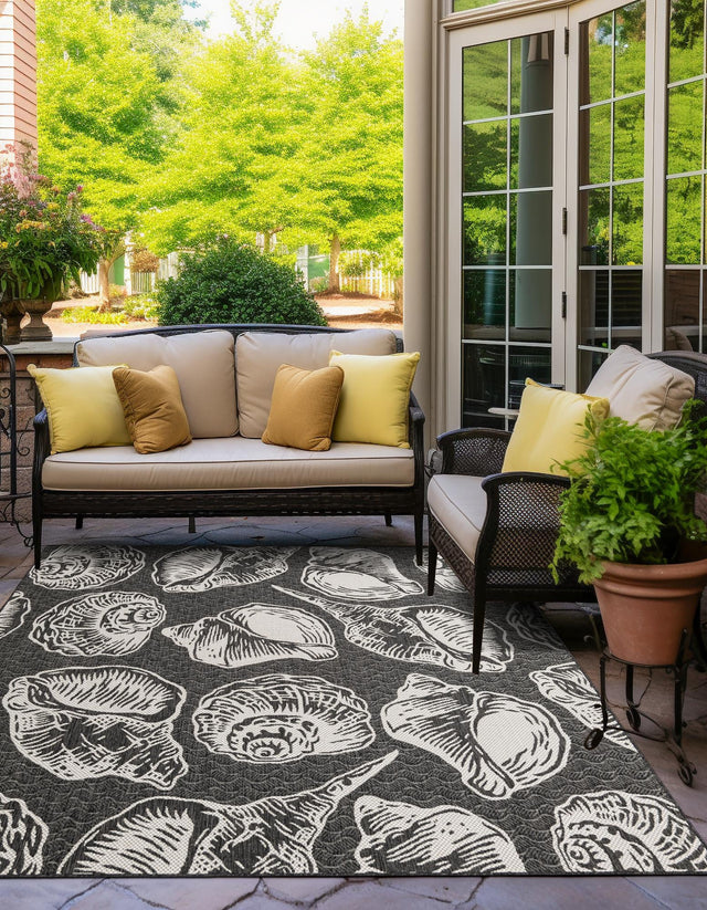 Black and White 7' 10 x 7' 10 Outdoor Coastal Square Area Rug Weather Resistant for Patio, Deck, Terrace, Balcony, Porch 100% Polypropylene Coastal Decor Carpet for Sale at Rug Engine