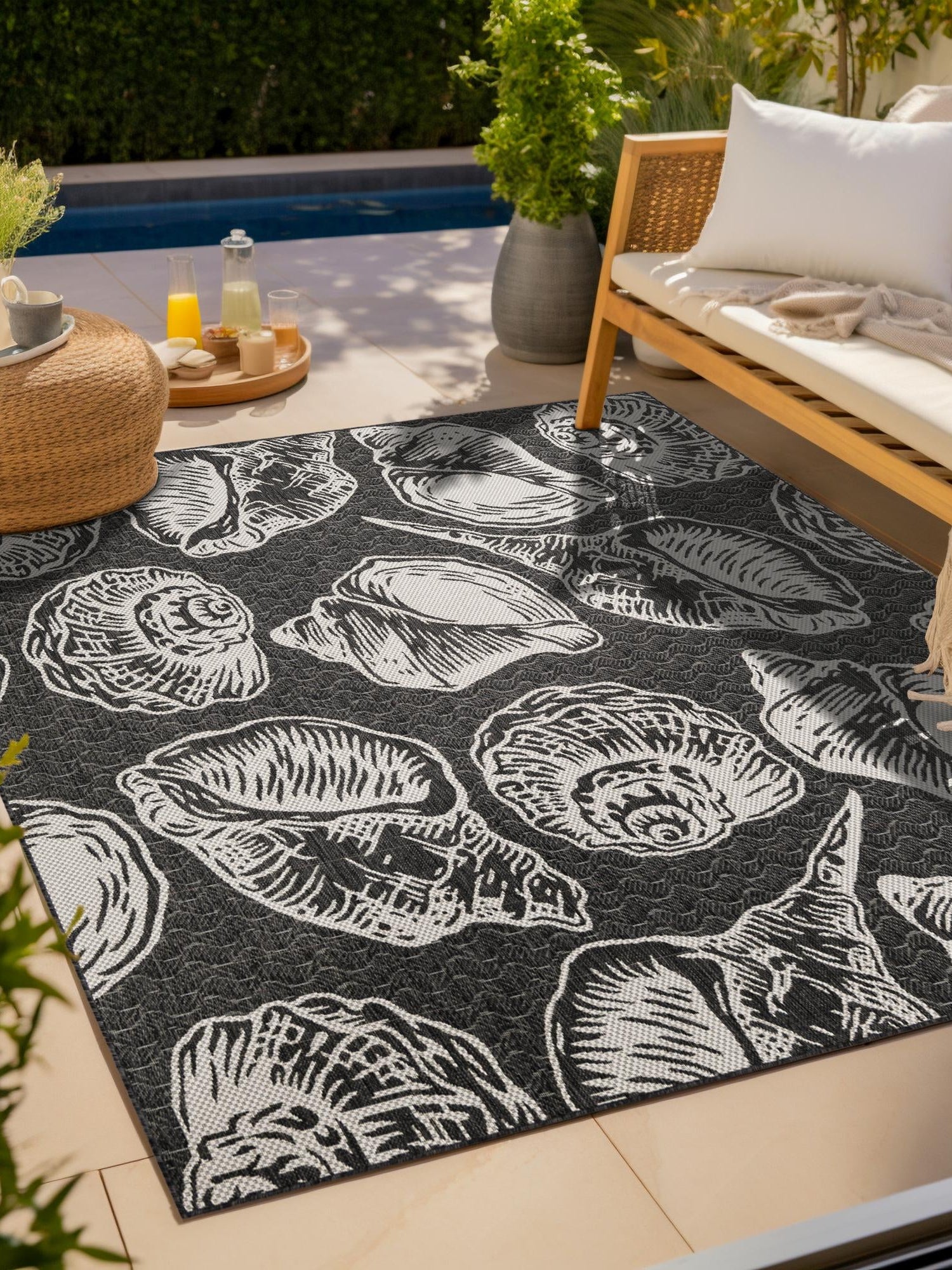 Black and White 7' 10 x 7' 10 Outdoor Coastal Square Area Rug Weather Resistant for Patio, Deck, Terrace, Balcony, Porch 100% Polypropylene Coastal Decor Carpet for Sale at Rug Engine
