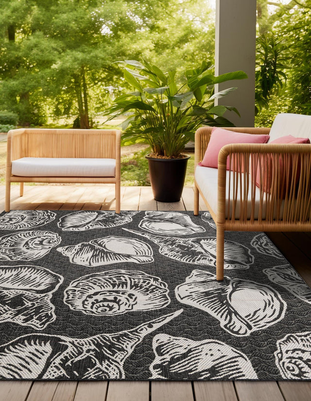 Black and White 7' 10 x 7' 10 Outdoor Coastal Square Area Rug Weather Resistant for Patio, Deck, Terrace, Balcony, Porch 100% Polypropylene Coastal Decor Carpet for Sale at Rug Engine