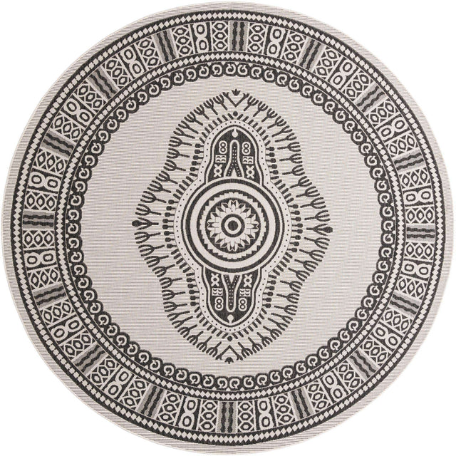White and Black 10' x 10' Outdoor Traditional Round Area Rug Weather Resistant for Patio, Deck, Terrace, Balcony, Porch Classical Design Outside Carpet for Sale at Rug Engine