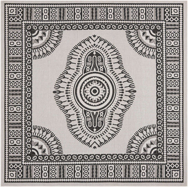White and Black 10' x 10' Outdoor Traditional Square Area Rug Weather Resistant for Patio, Deck, Terrace, Balcony, Porch Classical Design Outside Carpet for Sale at Rug Engine