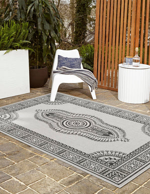 White and Black 9' x 12' Outdoor Traditional Rectangle Area Rug Weather Resistant for Patio, Deck, Terrace, Balcony, Porch Classical Design Outside Carpet for Sale at Rug Engine