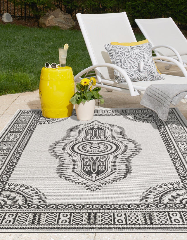 White and Black 9' x 12' Outdoor Traditional Rectangle Area Rug Weather Resistant for Patio, Deck, Terrace, Balcony, Porch Classical Design Outside Carpet for Sale at Rug Engine