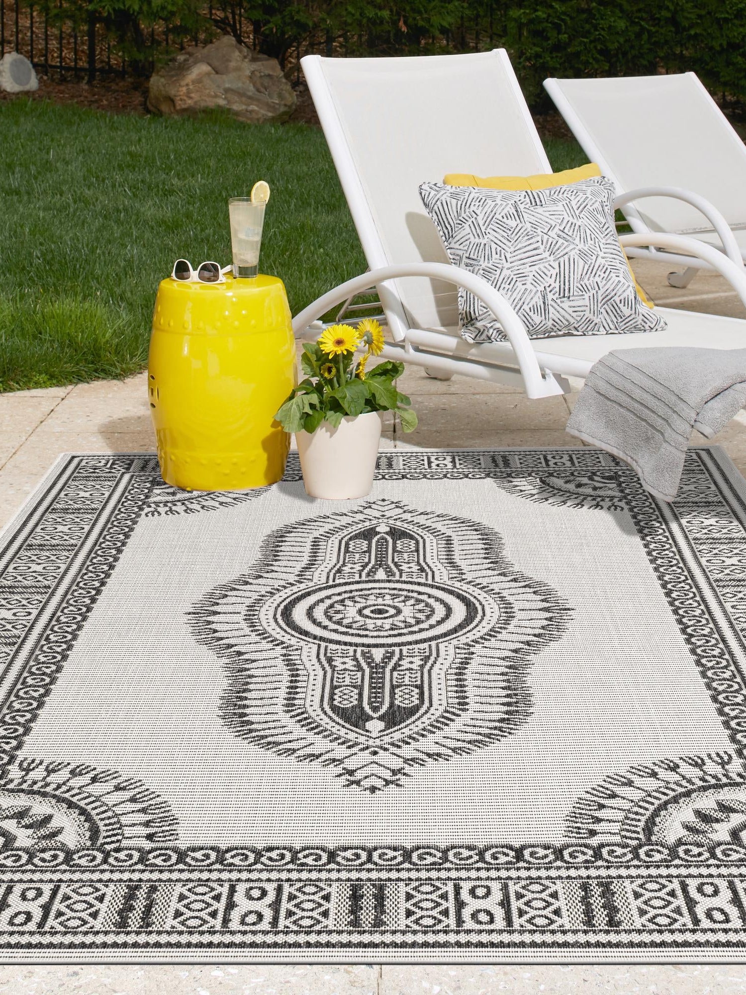 White and Black 5' 3 x 7' 1 Outdoor Traditional Rectangle Area Rug Weather Resistant for Patio, Deck, Terrace, Balcony, Porch Classical Design Outside Carpet for Sale at Rug Engine