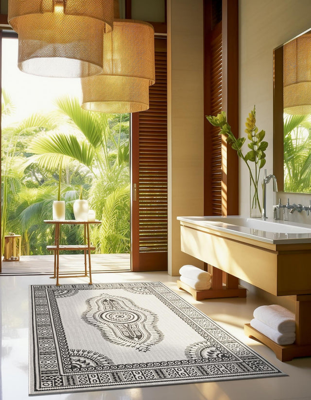 White and Black 2' x 3' 1 Outdoor Traditional Rectangle Area Rug Weather Resistant for Patio, Deck, Terrace, Balcony, Porch Classical Design Outside Carpet for Sale at Rug Engine