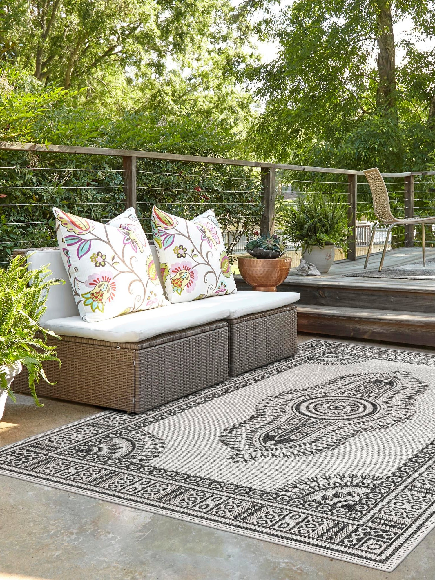 White and Black 5' 3 x 7' 1 Outdoor Traditional Rectangle Area Rug Weather Resistant for Patio, Deck, Terrace, Balcony, Porch Classical Design Outside Carpet for Sale at Rug Engine