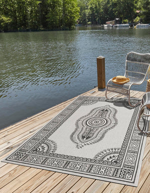 White and Black 5' 3 x 8' Outdoor Traditional Rectangle Area Rug Weather Resistant for Patio, Deck, Terrace, Balcony, Porch Classical Design Outside Carpet for Sale at Rug Engine