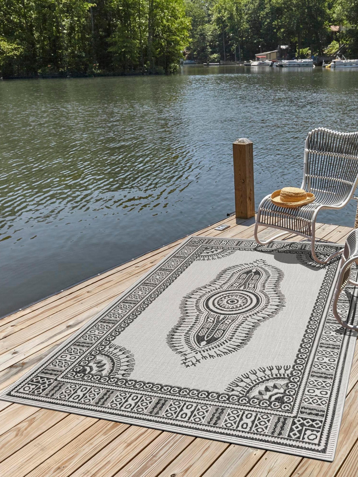 White and Black 5' 3 x 7' 1 Outdoor Traditional Rectangle Area Rug Weather Resistant for Patio, Deck, Terrace, Balcony, Porch Classical Design Outside Carpet for Sale at Rug Engine