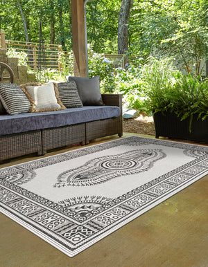 White and Black 4' 1 x 6' 1 Outdoor Traditional Rectangle Area Rug Weather Resistant for Patio, Deck, Terrace, Balcony, Porch Classical Design Outside Carpet for Sale at Rug Engine