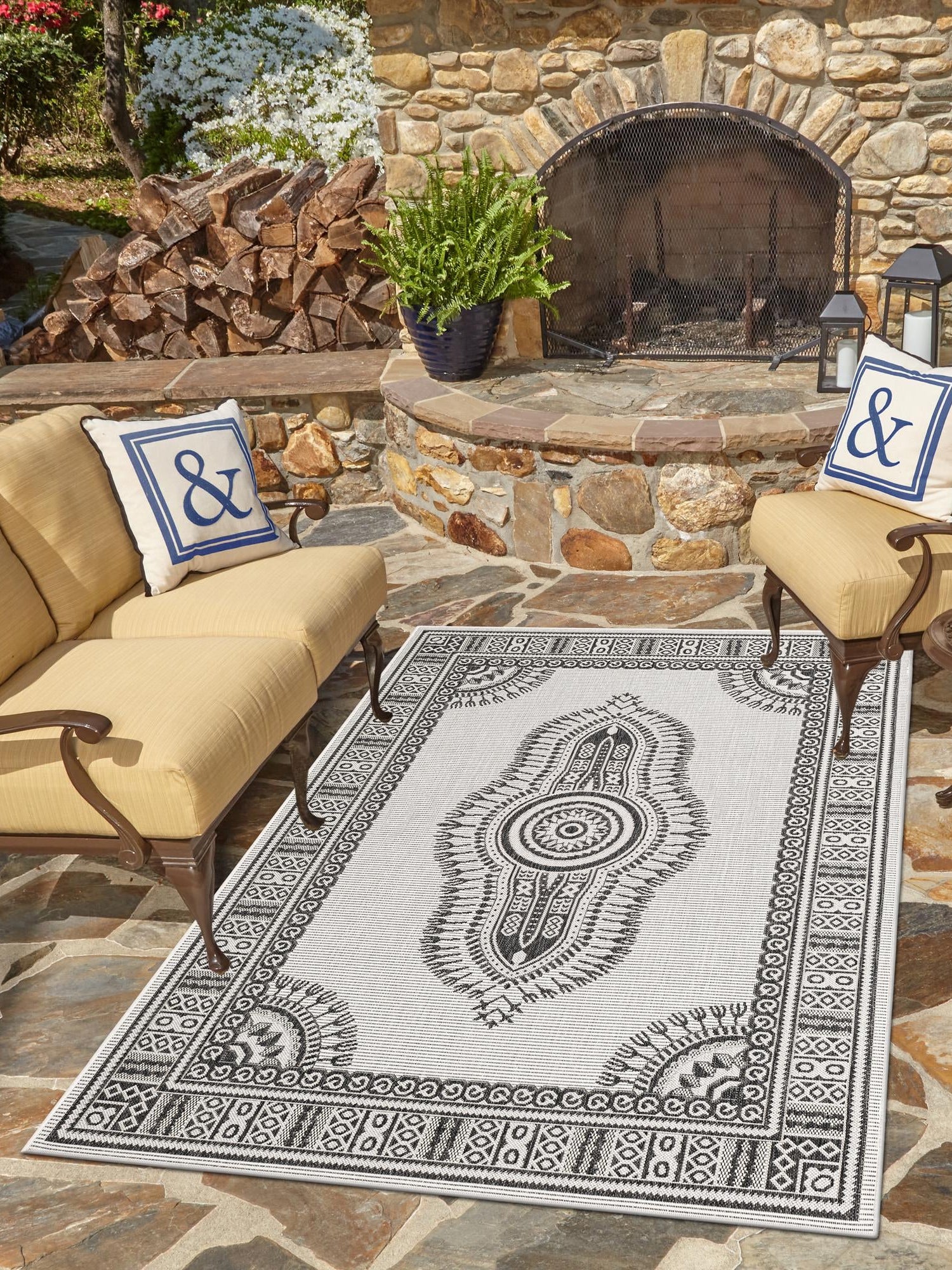 White and Black 5' 3 x 7' 1 Outdoor Traditional Rectangle Area Rug Weather Resistant for Patio, Deck, Terrace, Balcony, Porch Classical Design Outside Carpet for Sale at Rug Engine
