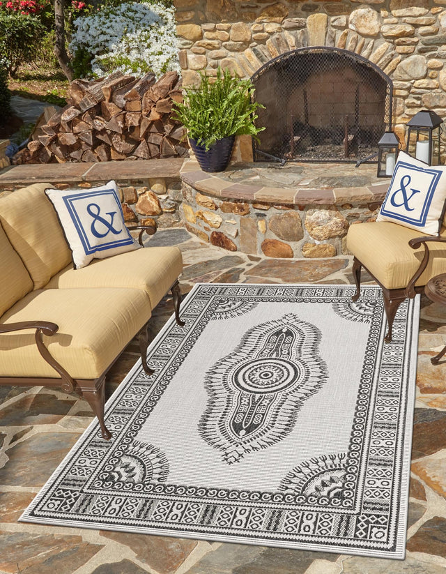 White and Black 5' 3 x 7' 1 Outdoor Traditional Rectangle Area Rug Weather Resistant for Patio, Deck, Terrace, Balcony, Porch Classical Design Outside Carpet for Sale at Rug Engine