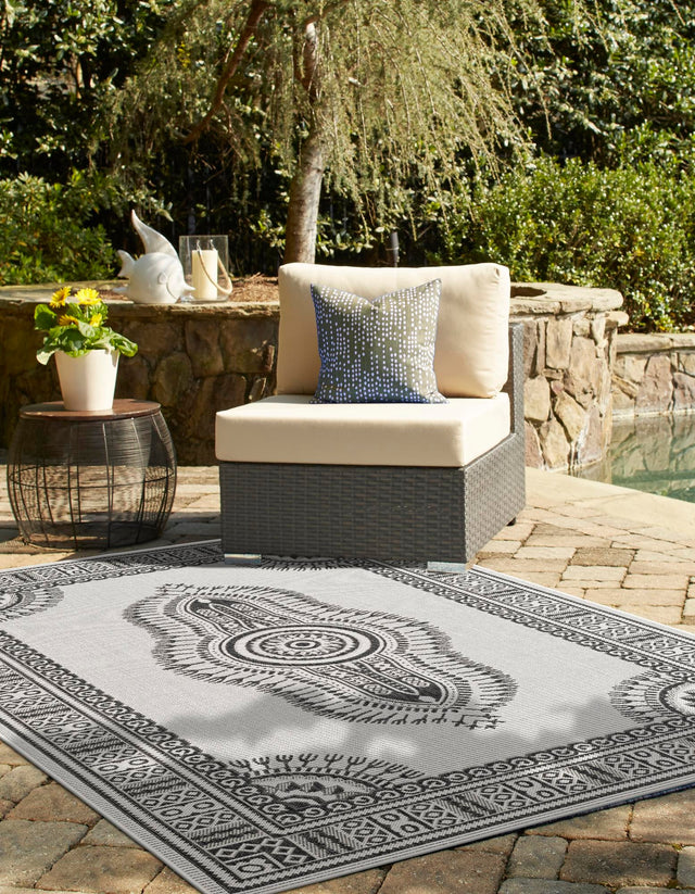 White and Black 7' 10 x 10' Outdoor Traditional Rectangle Area Rug Weather Resistant for Patio, Deck, Terrace, Balcony, Porch Classical Design Outside Carpet for Sale at Rug Engine
