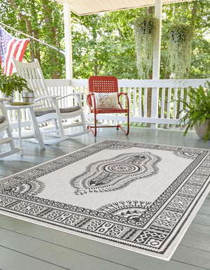 White and Black 7' 10 x 10' Outdoor Traditional Rectangle Area Rug Weather Resistant for Patio, Deck, Terrace, Balcony, Porch Classical Design Outside Carpet for Sale at Rug Engine