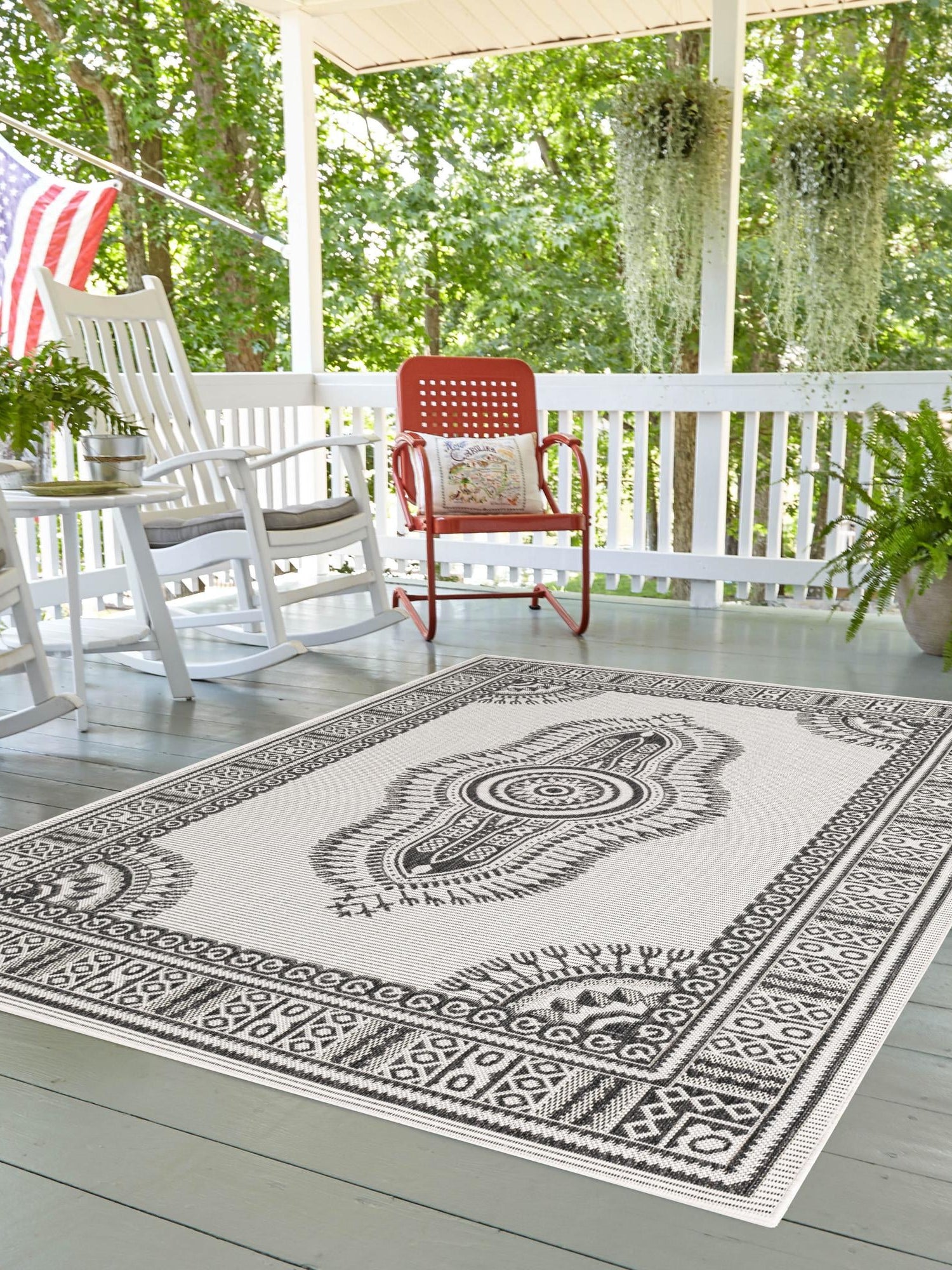 White and Black 2' x 3' 1 Outdoor Traditional Rectangle Area Rug Weather Resistant for Patio, Deck, Terrace, Balcony, Porch Classical Design Outside Carpet for Sale at Rug Engine