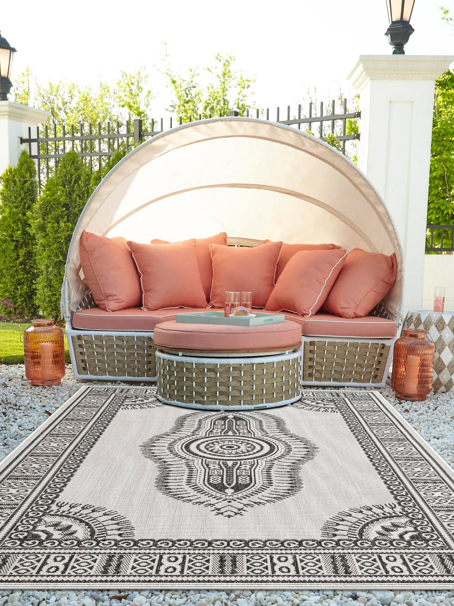 White and Black 9' x 12' Outdoor Traditional Rectangle Area Rug Weather Resistant for Patio, Deck, Terrace, Balcony, Porch Classical Design Outside Carpet for Sale at Rug Engine