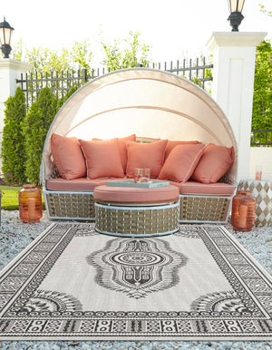 White and Black 9' x 12' Outdoor Traditional Rectangle Area Rug Weather Resistant for Patio, Deck, Terrace, Balcony, Porch Classical Design Outside Carpet for Sale at Rug Engine