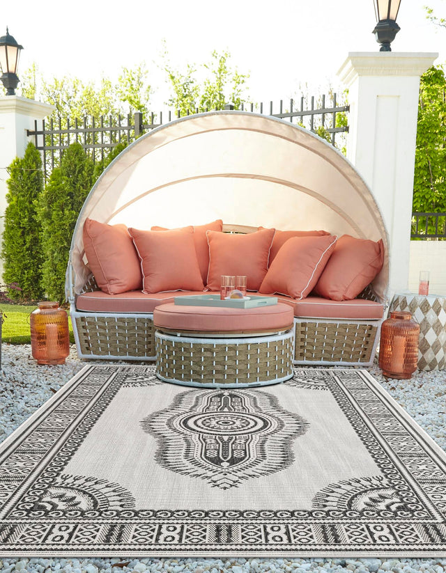 White and Black 9' x 12' Outdoor Traditional Rectangle Area Rug Weather Resistant for Patio, Deck, Terrace, Balcony, Porch Classical Design Outside Carpet for Sale at Rug Engine
