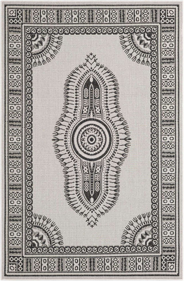 White and Black 5' 3 x 8' Outdoor Traditional Rectangle Area Rug Weather Resistant for Patio, Deck, Terrace, Balcony, Porch Classical Design Outside Carpet for Sale at Rug Engine