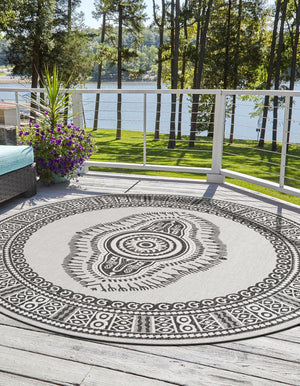 White and Black 6' 1 x 6' 1 Outdoor Traditional Round Area Rug Weather Resistant for Patio, Deck, Terrace, Balcony, Porch Classical Design Outside Carpet for Sale at Rug Engine