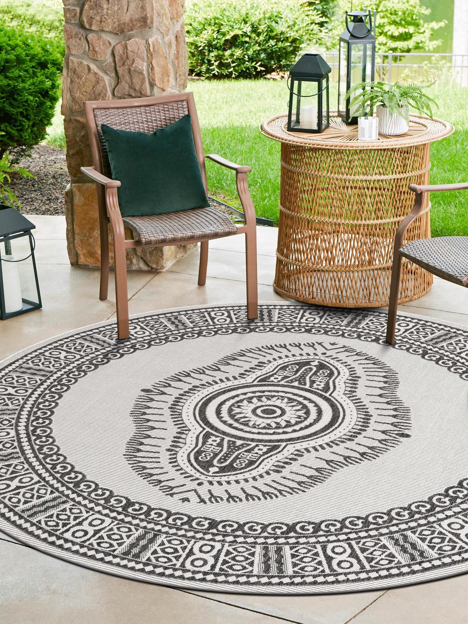 White and Black 12' x 12' Outdoor Traditional Round Area Rug Weather Resistant for Patio, Deck, Terrace, Balcony, Porch Classical Design Outside Carpet for Sale at Rug Engine
