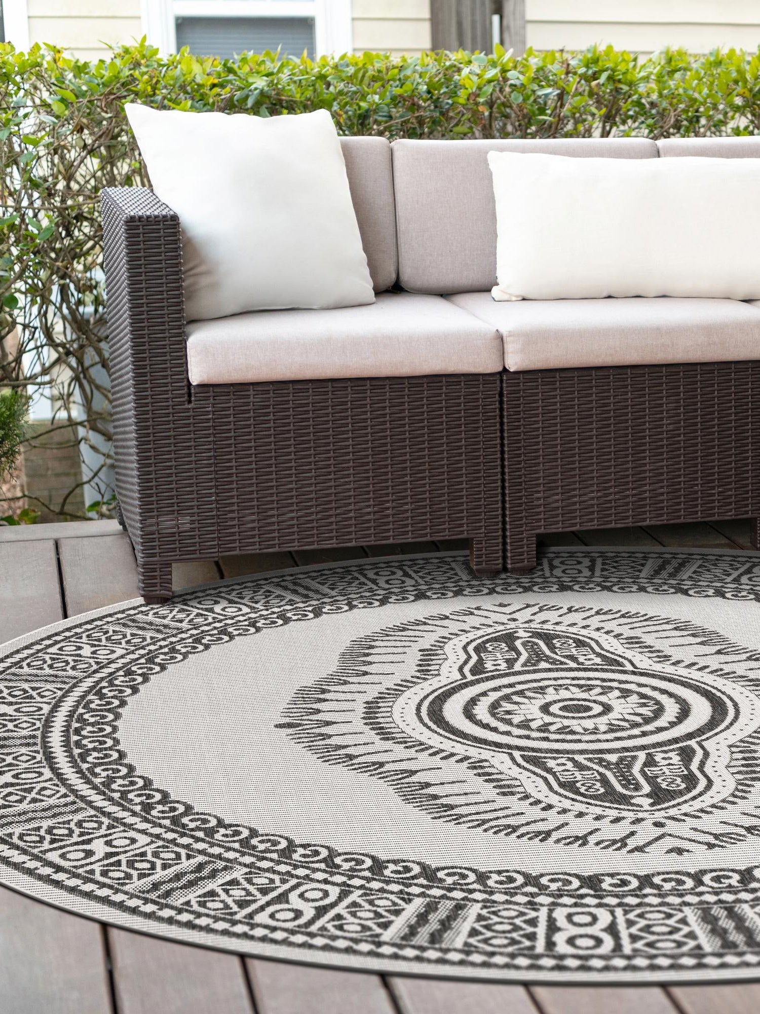White and Black 12' x 12' Outdoor Traditional Round Area Rug Weather Resistant for Patio, Deck, Terrace, Balcony, Porch Classical Design Outside Carpet for Sale at Rug Engine
