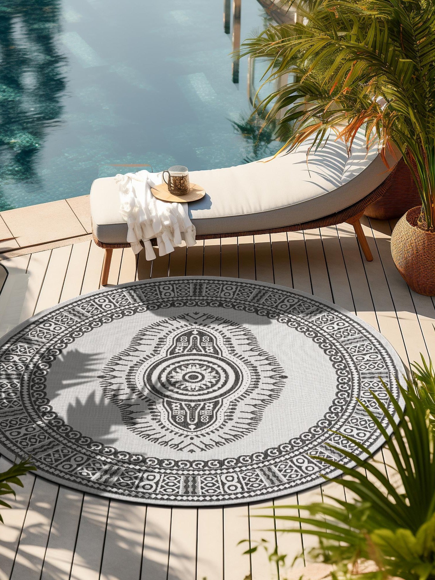 White and Black 7' 10 x 7' 10 Outdoor Traditional Round Area Rug Weather Resistant for Patio, Deck, Terrace, Balcony, Porch Classical Design Outside Carpet for Sale at Rug Engine