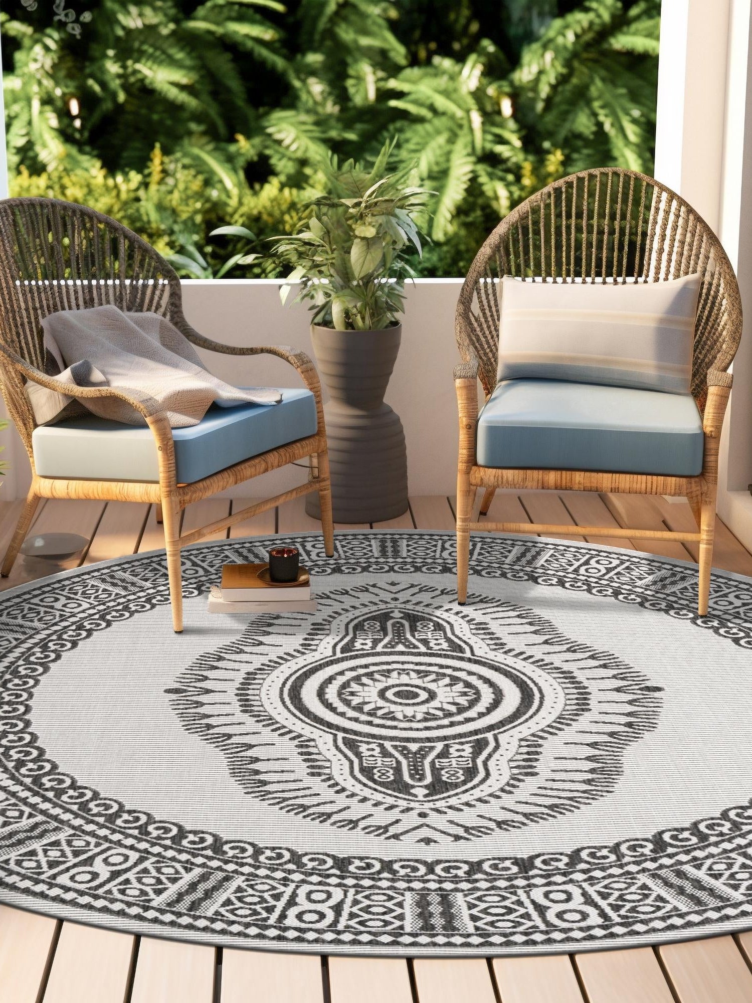 White and Black 3' 1 x 3' 1 Outdoor Traditional Round Area Rug Weather Resistant for Patio, Deck, Terrace, Balcony, Porch Classical Design Outside Carpet for Sale at Rug Engine