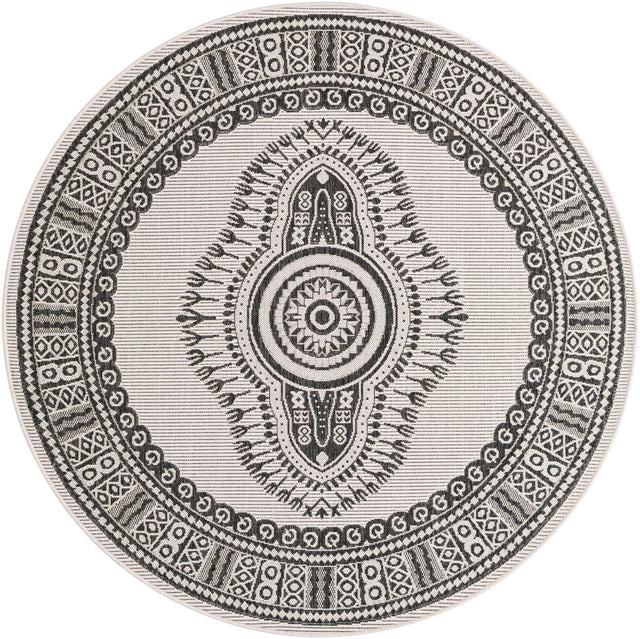 White and Black 6' 1 x 6' 1 Outdoor Traditional Round Area Rug Weather Resistant for Patio, Deck, Terrace, Balcony, Porch Classical Design Outside Carpet for Sale at Rug Engine