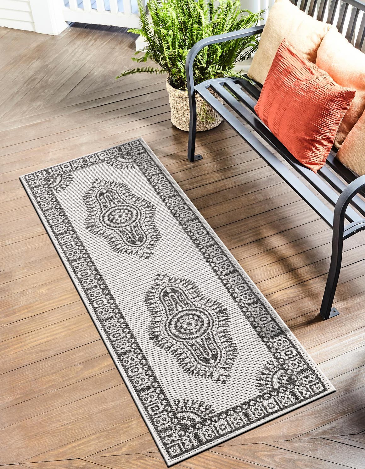White and Black 2' x 5' 3 Outdoor Traditional Runner Area Rug Weather Resistant for Patio, Deck, Terrace, Balcony, Porch Classical Design Outside Carpet for Sale at Rug Engine