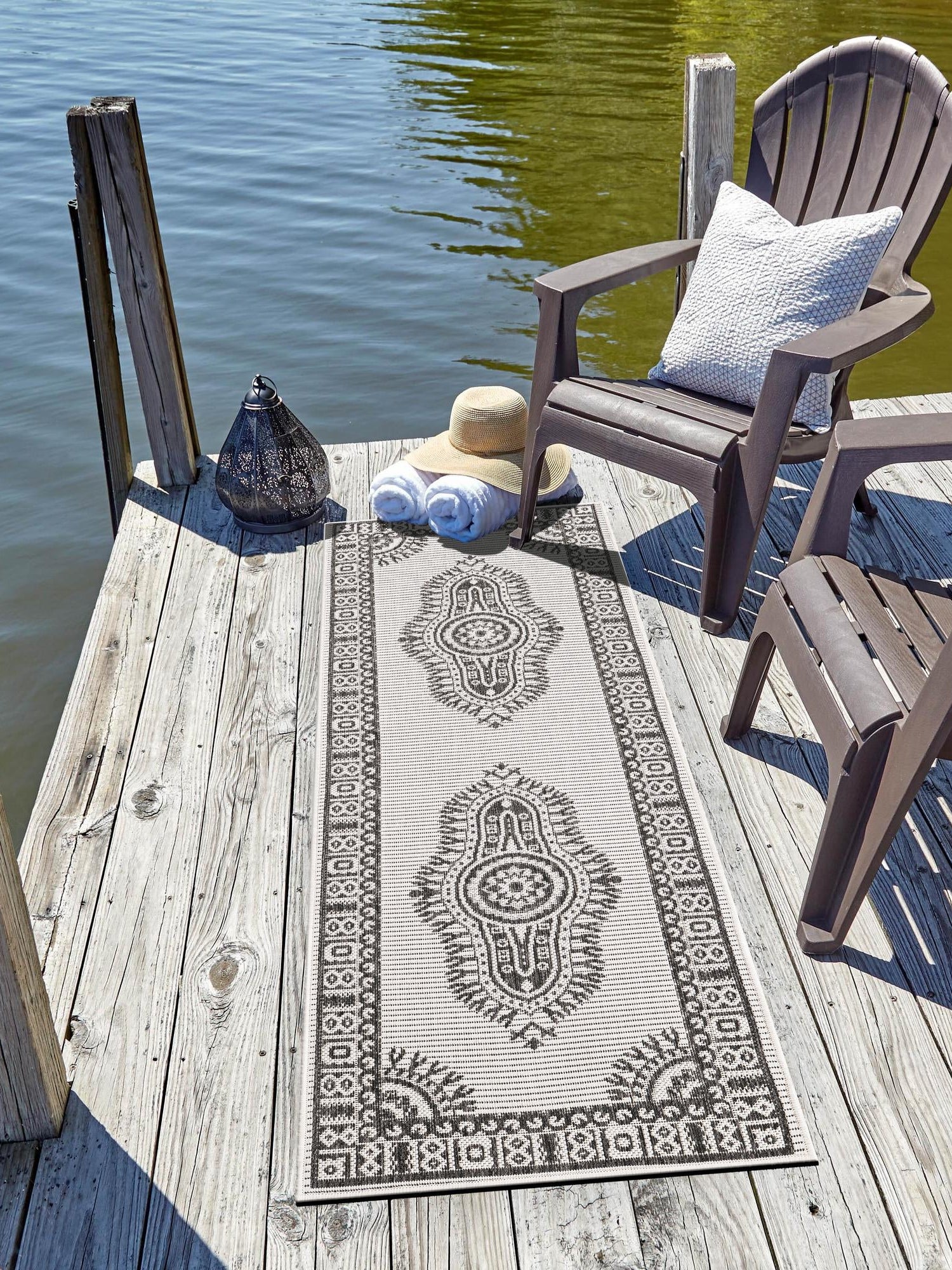 White and Black 2' x 5' 3 Outdoor Traditional Runner Area Rug Weather Resistant for Patio, Deck, Terrace, Balcony, Porch Classical Design Outside Carpet for Sale at Rug Engine