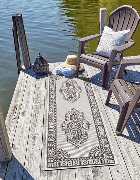 White and Black 2' x 5' 3 Outdoor Traditional Runner Area Rug Weather Resistant for Patio, Deck, Terrace, Balcony, Porch Classical Design Outside Carpet for Sale at Rug Engine
