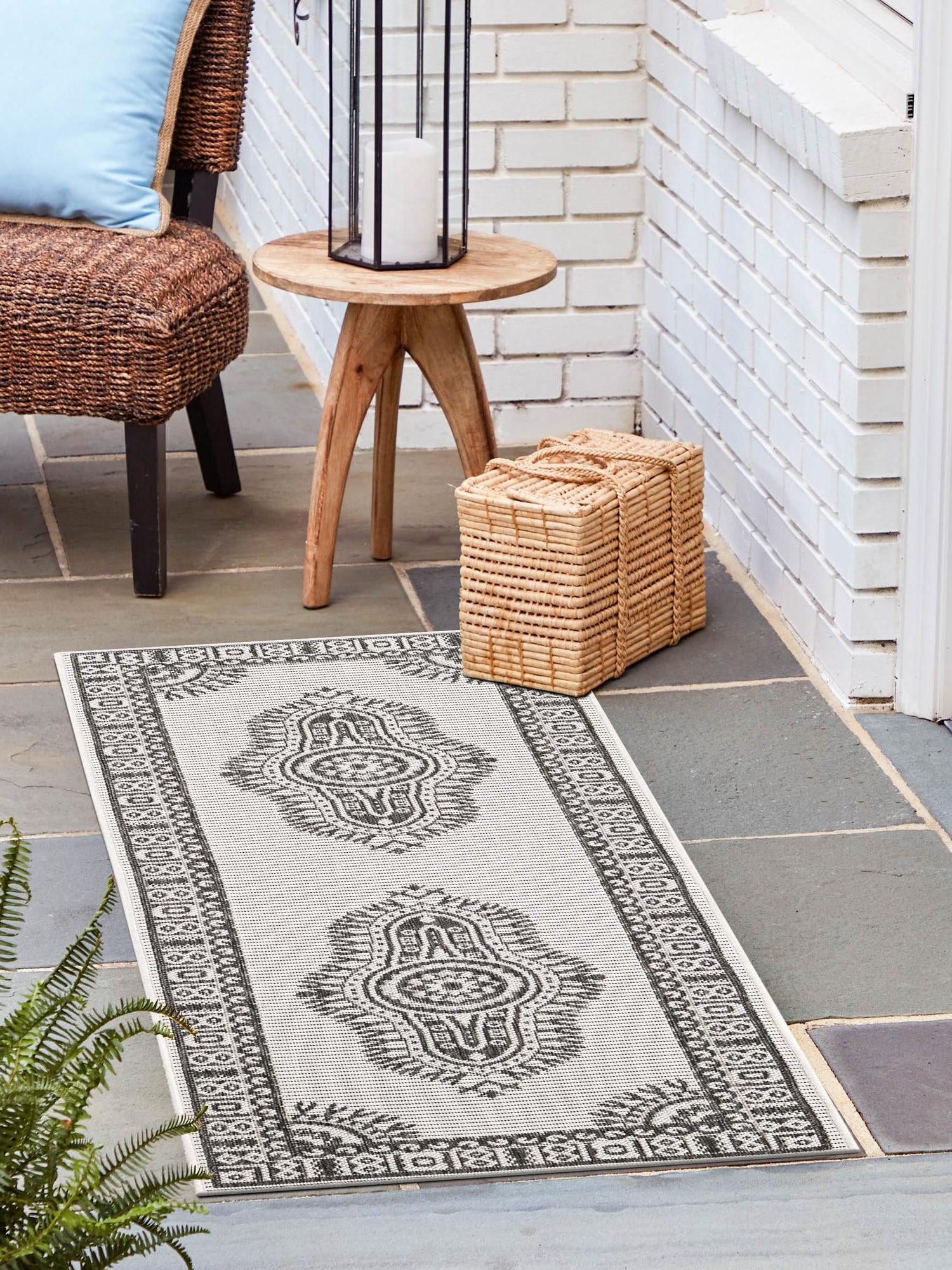 White and Black 2' x 5' 3 Outdoor Traditional Runner Area Rug Weather Resistant for Patio, Deck, Terrace, Balcony, Porch Classical Design Outside Carpet for Sale at Rug Engine