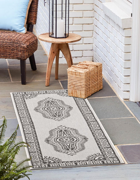 White and Black 2' x 5' 3 Outdoor Traditional Runner Area Rug Weather Resistant for Patio, Deck, Terrace, Balcony, Porch Classical Design Outside Carpet for Sale at Rug Engine