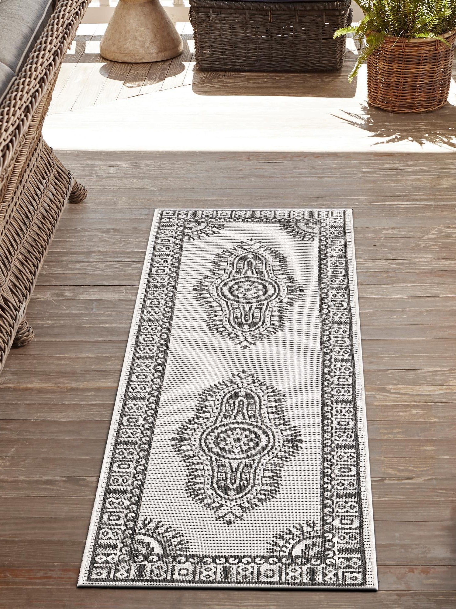 White and Black 2' x 5' 3 Outdoor Traditional Runner Area Rug Weather Resistant for Patio, Deck, Terrace, Balcony, Porch Classical Design Outside Carpet for Sale at Rug Engine