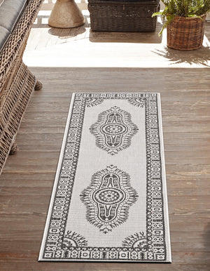 White and Black 2' x 5' 3 Outdoor Traditional Runner Area Rug Weather Resistant for Patio, Deck, Terrace, Balcony, Porch Classical Design Outside Carpet for Sale at Rug Engine