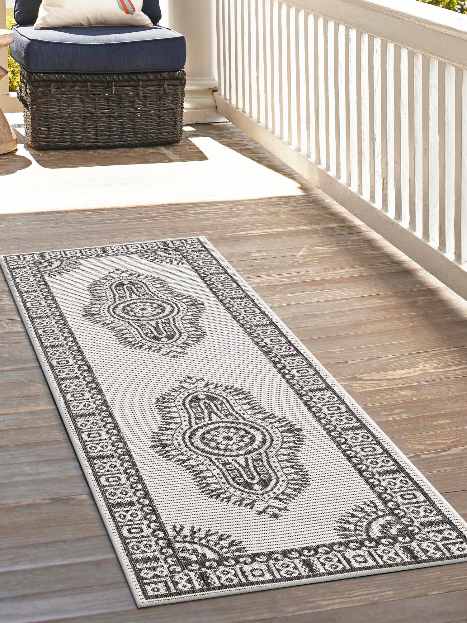 White and Black 2' x 5' 3 Outdoor Traditional Runner Area Rug Weather Resistant for Patio, Deck, Terrace, Balcony, Porch Classical Design Outside Carpet for Sale at Rug Engine
