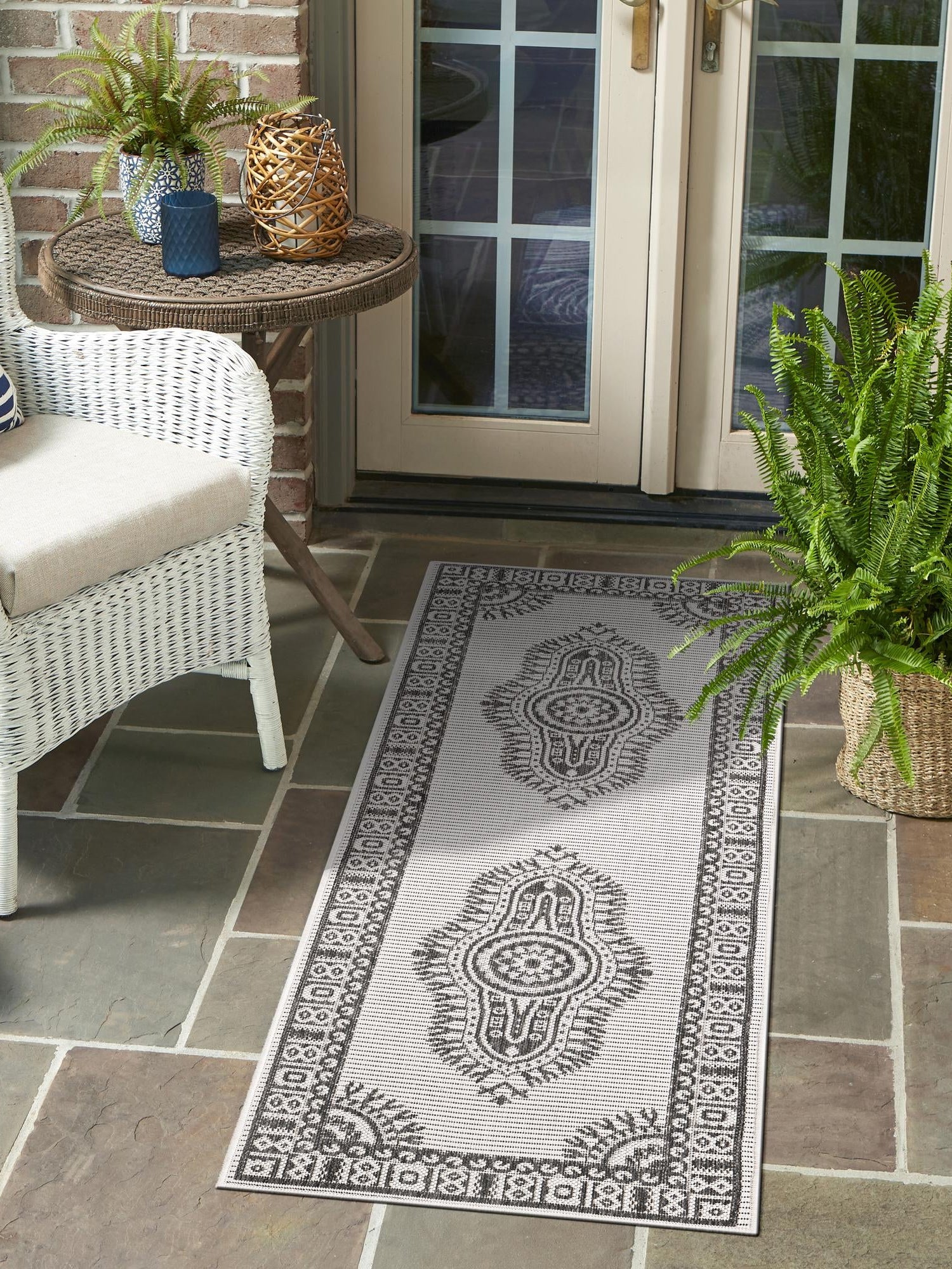 White and Black 2' x 5' 3 Outdoor Traditional Runner Area Rug Weather Resistant for Patio, Deck, Terrace, Balcony, Porch Classical Design Outside Carpet for Sale at Rug Engine