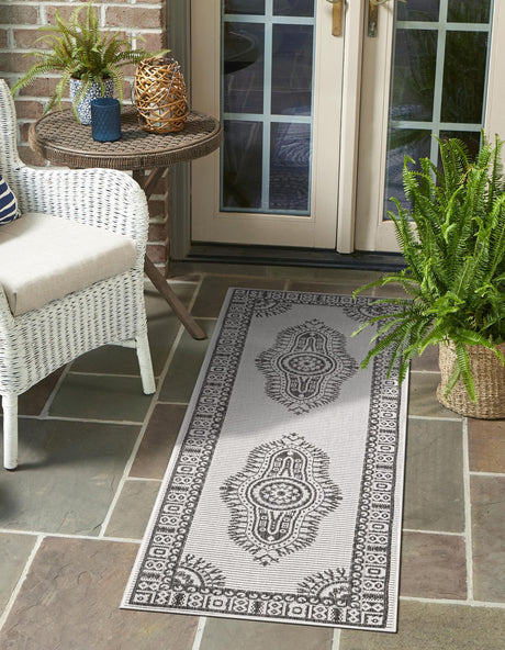 White and Black 2' x 5' 3 Outdoor Traditional Runner Area Rug Weather Resistant for Patio, Deck, Terrace, Balcony, Porch Classical Design Outside Carpet for Sale at Rug Engine