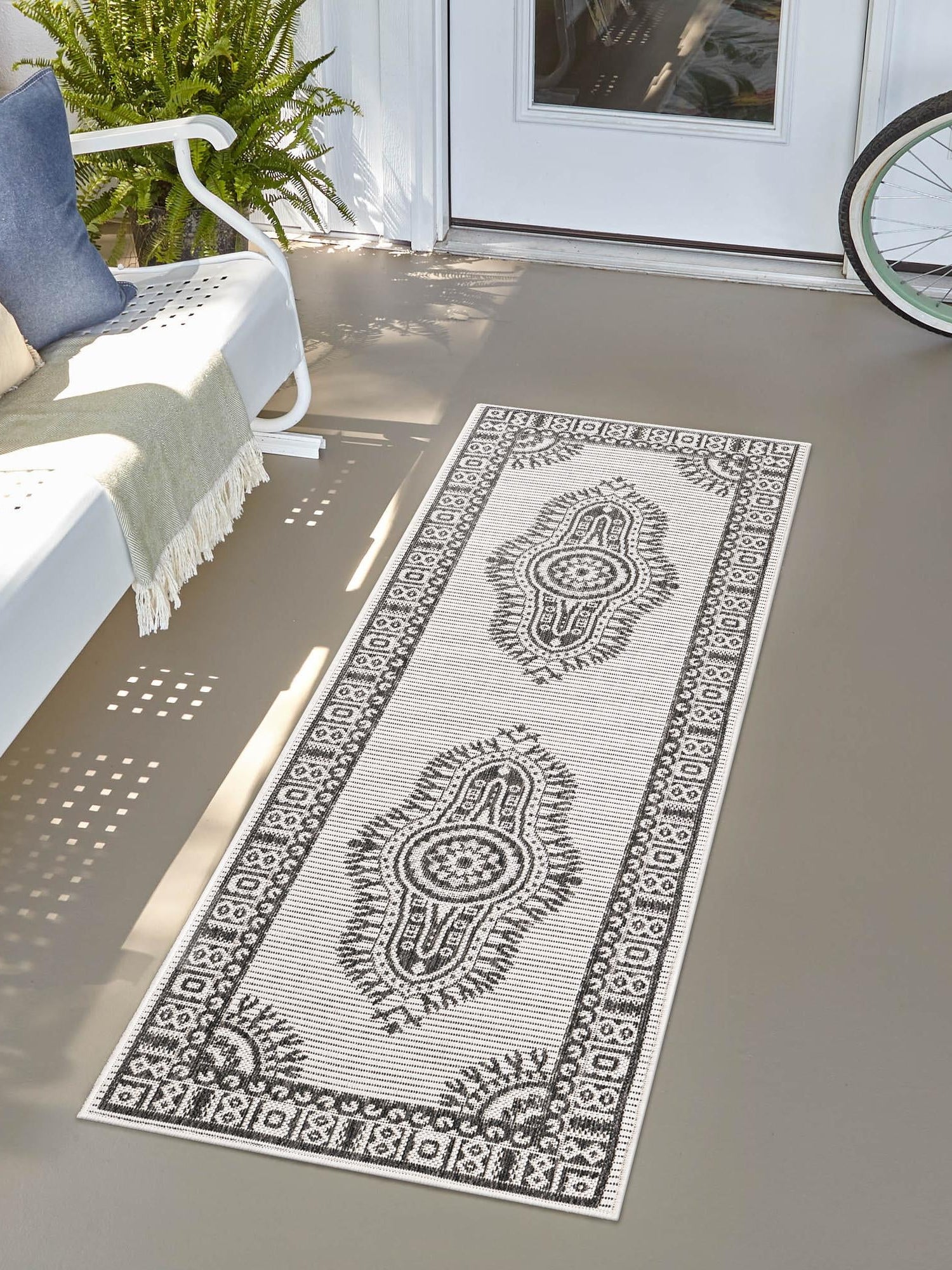 White and Black 2' x 5' 3 Outdoor Traditional Runner Area Rug Weather Resistant for Patio, Deck, Terrace, Balcony, Porch Classical Design Outside Carpet for Sale at Rug Engine