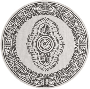 White and Black 7' 10 x 7' 10 Outdoor Traditional Round Area Rug Weather Resistant for Patio, Deck, Terrace, Balcony, Porch Classical Design Outside Carpet for Sale at Rug Engine