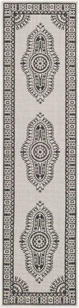 White and Black 2' x 8' Outdoor Traditional Runner Area Rug Weather Resistant for Patio, Deck, Terrace, Balcony, Porch Classical Design Outside Carpet for Sale at Rug Engine