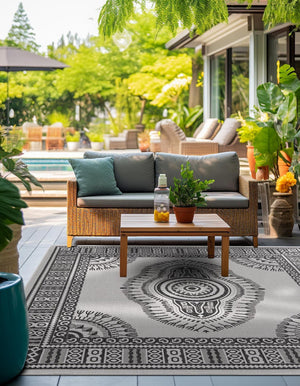 White and Black 10' x 10' Outdoor Traditional Square Area Rug Weather Resistant for Patio, Deck, Terrace, Balcony, Porch Classical Design Outside Carpet for Sale at Rug Engine