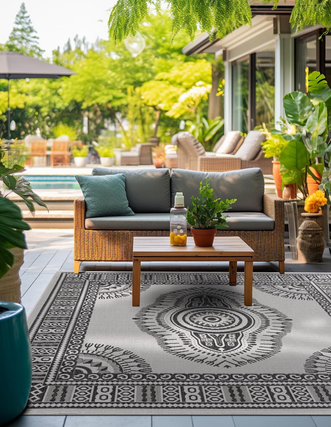 White and Black 7' 10 x 7' 10 Outdoor Traditional Square Area Rug Weather Resistant for Patio, Deck, Terrace, Balcony, Porch Classical Design Outside Carpet for Sale at Rug Engine