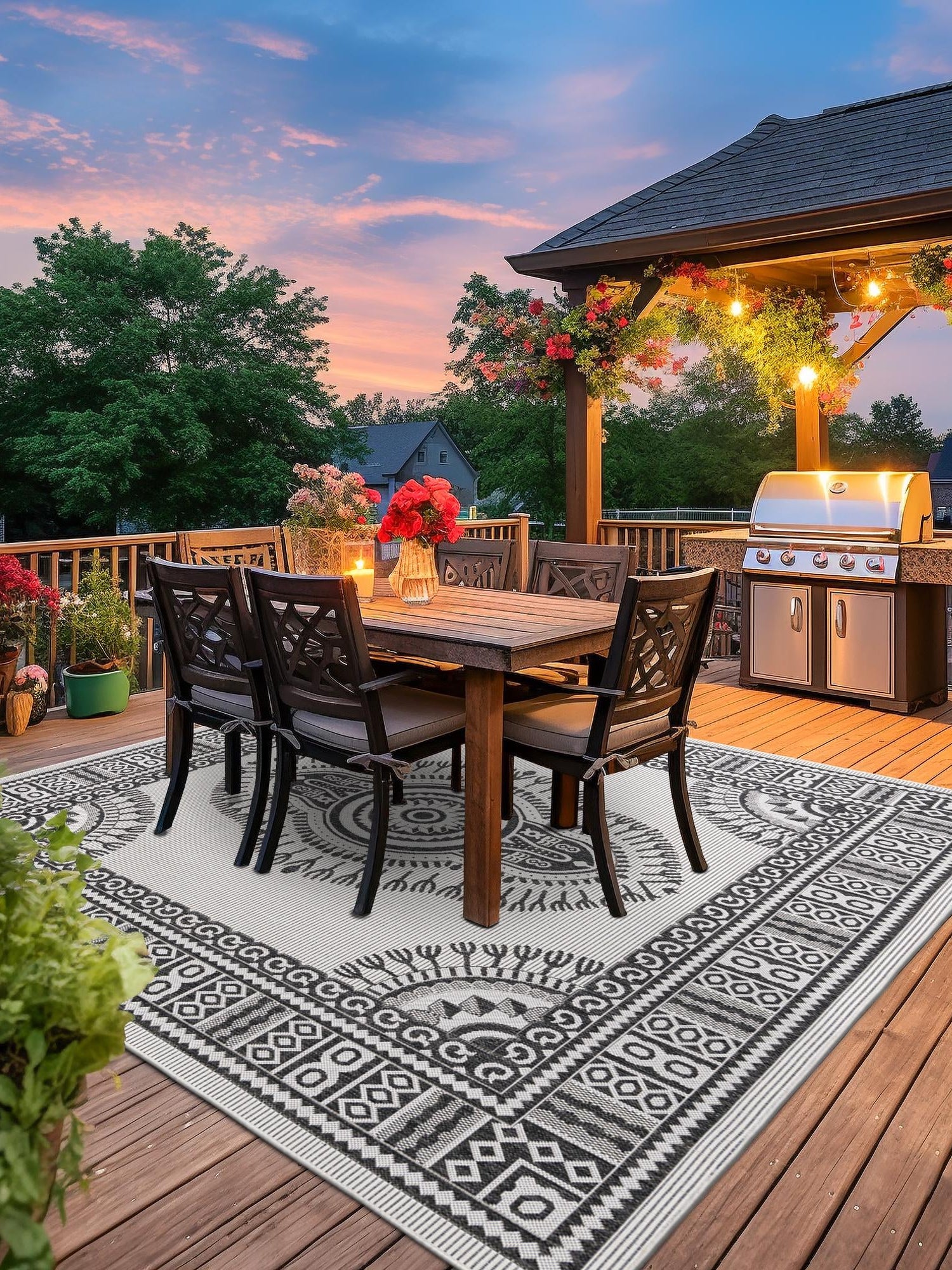 White and Black 10' x 10' Outdoor Traditional Square Area Rug Weather Resistant for Patio, Deck, Terrace, Balcony, Porch Classical Design Outside Carpet for Sale at Rug Engine