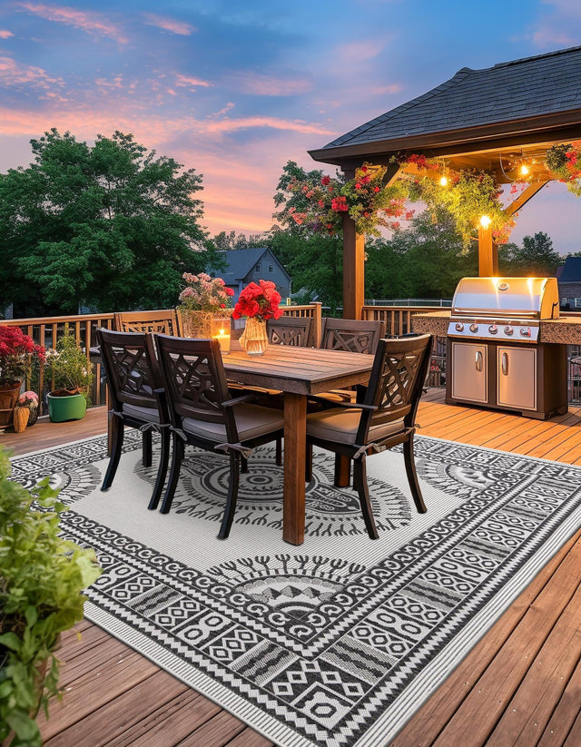 White and Black 10' x 10' Outdoor Traditional Square Area Rug Weather Resistant for Patio, Deck, Terrace, Balcony, Porch Classical Design Outside Carpet for Sale at Rug Engine