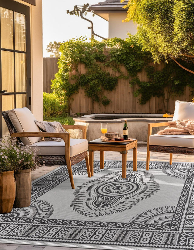 White and Black 7' 10 x 7' 10 Outdoor Traditional Square Area Rug Weather Resistant for Patio, Deck, Terrace, Balcony, Porch Classical Design Outside Carpet for Sale at Rug Engine