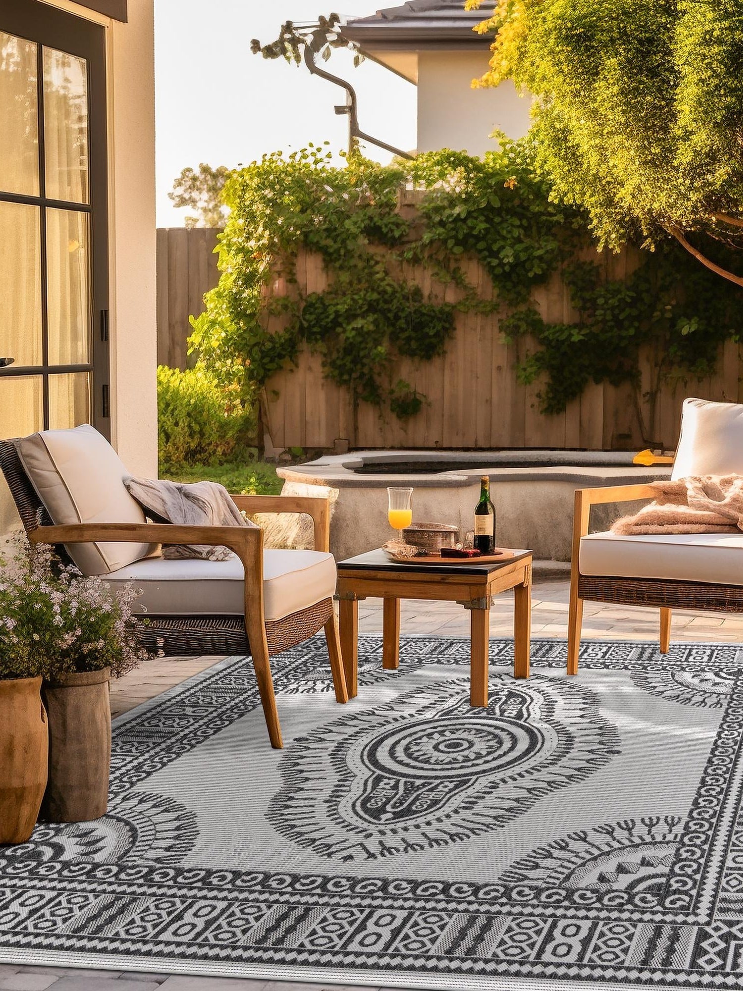 White and Black 10' x 10' Outdoor Traditional Square Area Rug Weather Resistant for Patio, Deck, Terrace, Balcony, Porch Classical Design Outside Carpet for Sale at Rug Engine