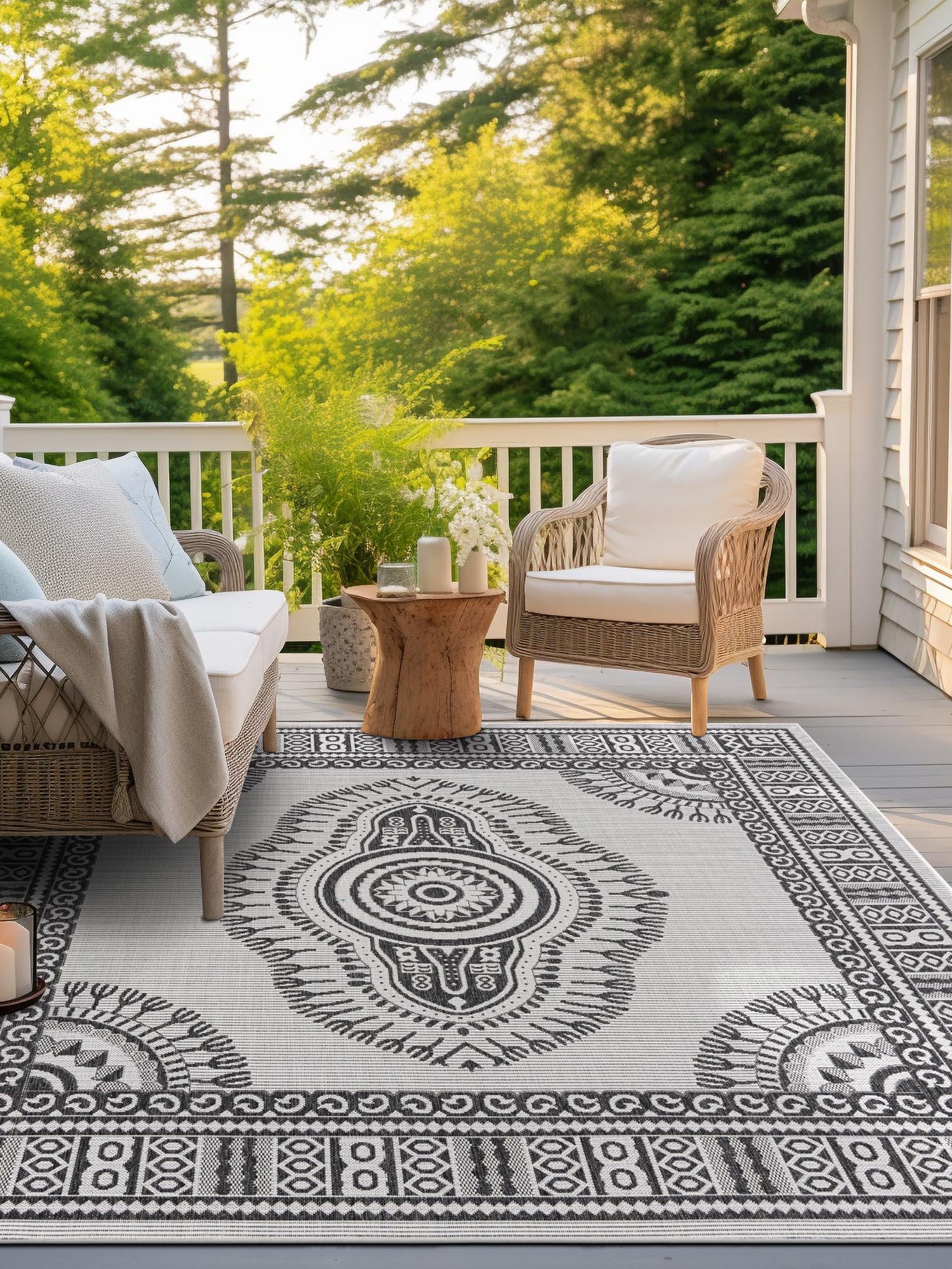 White and Black 12' x 12' Outdoor Traditional Square Area Rug Weather Resistant for Patio, Deck, Terrace, Balcony, Porch Classical Design Outside Carpet for Sale at Rug Engine