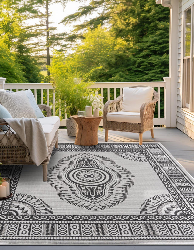 White and Black 12' x 12' Outdoor Traditional Square Area Rug Weather Resistant for Patio, Deck, Terrace, Balcony, Porch Classical Design Outside Carpet for Sale at Rug Engine